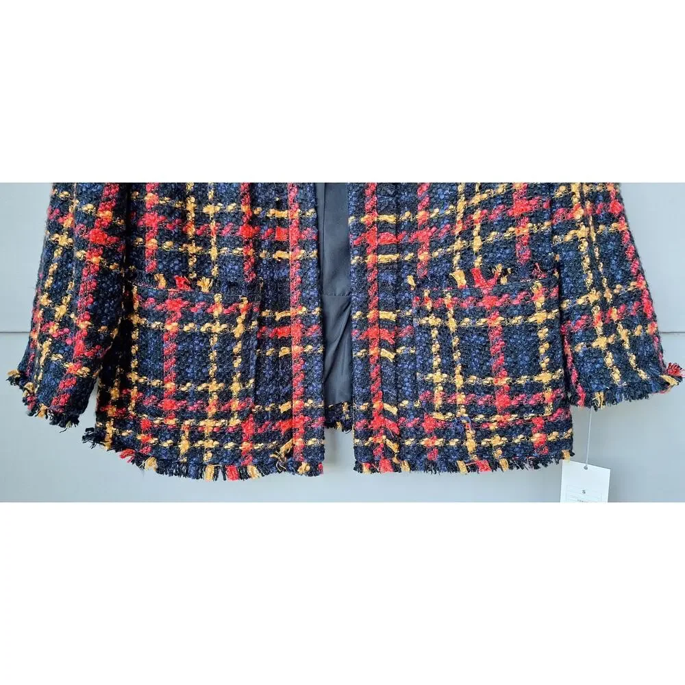 Tweed Bouclé Lady Jacket Fall Winter Blazer Plaid Black Orange-Red Yellow Size S